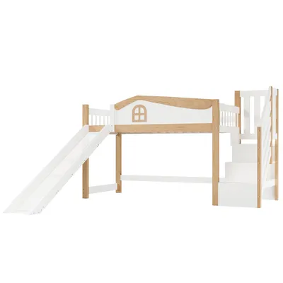Produktbild von Flieks Etagenbett 90x200cm mit Led, Kinderbett mit Rutsche, Hochbett mit Stauraum und Treppe, Halbhohes Stockbett mit Rausfallschutz, Weiß