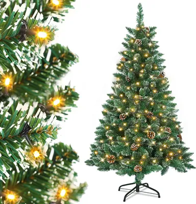 Productafbeelding van UISEBRT Kunstkerstboom met verlichting, 150 cm. LED kerstbomen, dennenboom, decoratieve boom met lichtketting en standaard. Groen, PVC met sneeuweffect en dennenappels