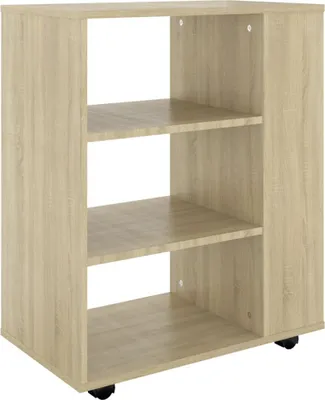 A light brown wooden cabinet with three shelves and wheels, shown from the front.