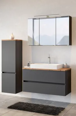Produktbild von Badezimmer Kombination mit Waschbecken und Beleuchtung PESARO-03 in matt grau mit Absetzung in Wotaneiche Nb., B/H/T: ca. 160/200/48