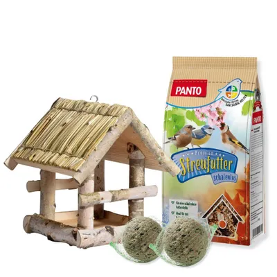 Produktbild von PANTO Heimatpaket - für Wildvögel - Set mit Vogelhaus, Meisenknödel, Streufutter