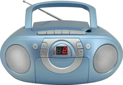A light blue boombox with silver accents and a digital display is shown against a white background.