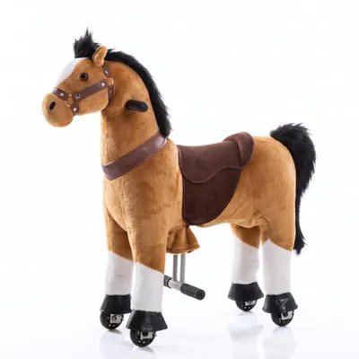 Immagine prodotto di Cavallo Vrooomy su ruote – Cavallo a dondolo per bambini piccoli (4–6 anni) – Cavallo meccanico con funzione di galoppo e sterzo – Cavallo a dondolo in peluche per interni ed esterni – Marrone