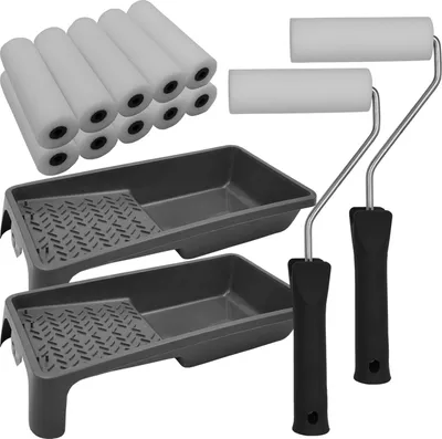 Produktbild von NYVI Lackier Set zum Lackieren aller Lacke - 2x Farbrolle Bügel 2 x Farbwanne 10x Schaumwalzen - wiederverwendbar lösemittelbeständig - Malerset zum Streichen - Farbroller Set - Lackrollen für Lacke