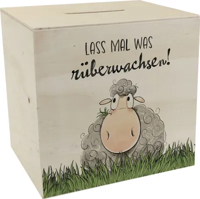 Produktbild von Schaf Spardose aus Holz mit Spruch Lass mal was rüberwachsen