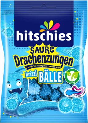 Produktbild von hitschies Saure Drachenzungen brizzl Bälle blau 3er Pack (3x100g Beutel) + usy Block