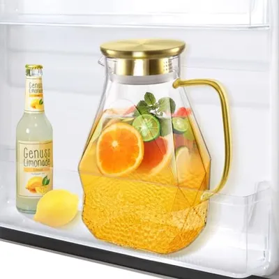 Productafbeelding van PromoHome® Glazen karaf van 1,8 liter met deksel van roestvrij staal en filter – Gemaakt van borosilicaatglas, geschikt voor zowel koude als warme dranken