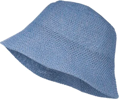 A blue woven bucket hat shown from a side-angle against a white background.
