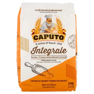 A bag of flour with branding and product information.