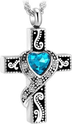 Image de Pendentif de luxe pour cendres avec chaîne pour les cendres, les cheveux ou le parfum - Bijoux commémoratifs avec remplisseur de cendres et sac de rangement - Blue Cross