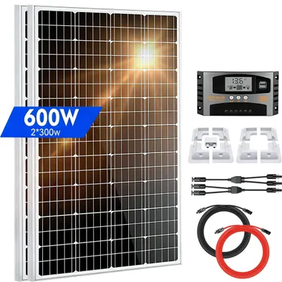 Produktbild von 600W Solarpanel Kit 12V Monokristallin 2x300W Solarmodule + 100A Laderegler + Montagehalterung + Solarkabel Komplettset Wohnmobil Camping Balkon