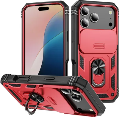 Produktbild von iPhone 17 Pro Max Hülle, Schiebe Kamera Schutz Stoßfest Schutzhülle mit Ringhalterung Ständer für iPhone 17 Pro Max Rot