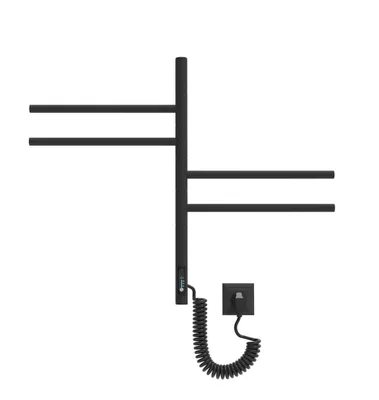 A black electric towel dryer with four foldable arms is shown against a white background.