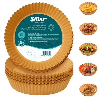Zdjęcie produktu dla Sillar 200 sztuk okrągłego papieru do pieczenia o średnicy 23 cm do frytkownicy na gorące powietrze – papier do frytkownicy Airfryer, nieprzywierający, odporny na olej, pergaminowy