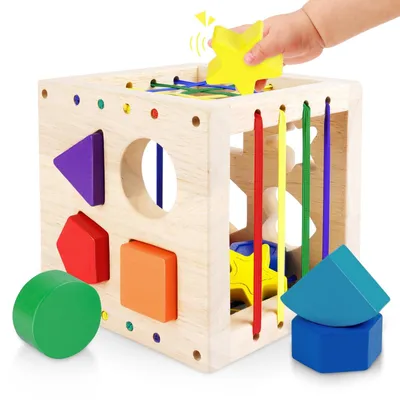 Obrázek produktu pro Elzusha – Dřevěná kostka s výřezy a 8 barevnými tvary – Montessori hračka vhodná od 1 roku