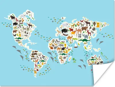 Produktbild von MuchoWow® Poster Weltkarte Kinder - Tiere - Farben 120x90 cm - Wandbild