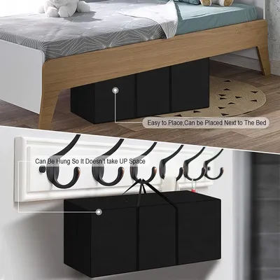 A collage showing a storage box under a bed and a storage box hanging on hooks.