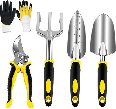 Produktbild von Edelstahl-Gartenset mit 5 Teilen, Schere, Transplantator, Harke, Handschuhe