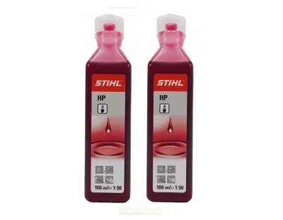 Two bottles of Stihl HP 2-stroke oil are displayed against a white background.