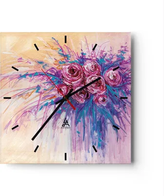 Produktbild von Wanduhr - Quadrat - Glasuhr - Blumenstrauß Blumen Rosen - 40x40cm - Schleichendes Uhrwerk - Lautlos - zum Aufhängen bereit - Dekoration Modern - Wanddekoration aus Glas - C3AC40x40-4465