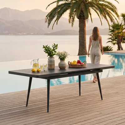 Produktbild von Gartentisch SUNNY ausziehbar 180–240 cm, Schwarz – großer Tisch mit integrierter Verlängerungsplatte aus pulverbeschichtetem Aluminium UV-beständig pflegeleicht für Terrasse Balkon Garten