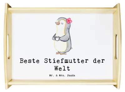 Produktbild von Mr. & Mrs. Panda Tablett Pinguin Beste Stiefmutter der Welt - Weiß - Geschenk, Sofa, Serviertablett, Dekotablett, Geschenkidee, Deko, Mutti, Muttertag, aus holz, Mama