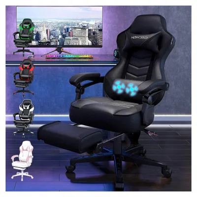Produktbild von Gaming Stuhl Bürostuhl mit Fußstütze, Racing Stuhl mit Massagefunktion, Ergonomisch, Drehbar und Höhenverstellbar, Verstellbare Rückenlehne von 90-150°, Abnehmbare Kopfstütze und Lendenkissen (Schwarz)