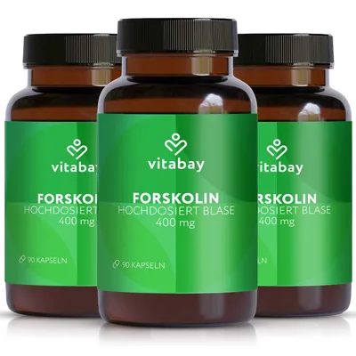 Produktbild von Vitabay Forskolin 400 mg - 270 vegane Kapseln - 3er Pack - Coleus-forskohlii-Extrakt - Vegan - Vorrat für 9 Monate