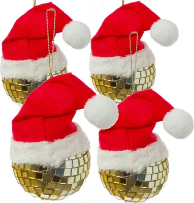 Weihnachtsbaumschmuck DISCOKUGEL mit Nikolausmütze - H: 7cm - gold - 4er Set