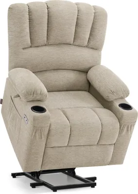 A beige fabric recliner chair with a lift assist mechanism.
