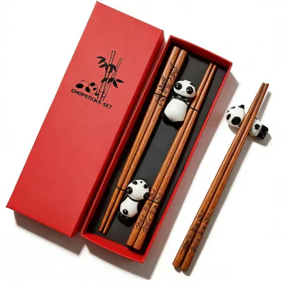 Essstäbchen-Set 2 Paar Holz mit Panda-Keramikhalter, Geschenkbox