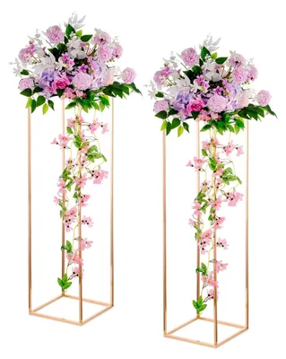 Produktbild von Goldene Blumenständer für Hochzeitsmittelstücke - 2 Stück Säulenvasen mit Metallplatte, 100 cm hohe Bodenvase, geometrische Goldvasen für Tischdekoration bei Hochzeiten, Partys und im Wohnzimmer