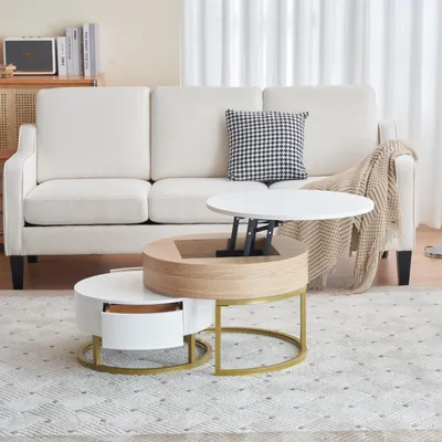 Image de Lot De 2 Table Basse Gigogne, Grand Table Avec Plateau Relevable, 2 Tiroirs, Mdf, Blanc