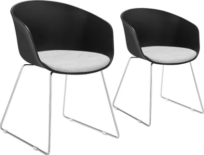 Two black chairs with gray upholstered seats and silver metal legs are shown against a white background.