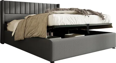 Produktbild von Hydraulisches Polster-Doppelbett Stauraumbett 180x200cm mit Stauraum, Holzlattenrost & Metallrahmen, Bezug aus Leinen in Grau