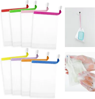 Produktbild von 12 Seifensäckchen aus Nylon-Netzgewebe mit Kordelzug, Schaumnetze und Peelingbeutel für Seife zur Körper- und Gesichtsreinigung, zufällige Farbauswahl
