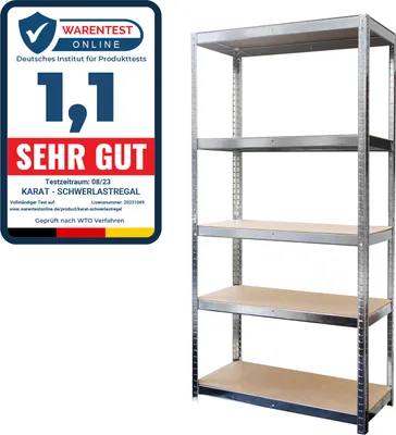 A silver metal shelving unit with wooden shelves, shown against a white background. A German product test badge is visible on the left.