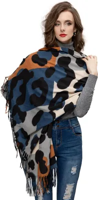 Produktbild von Glamexx24 Damen XXL Schal Kuscheliger warmer Leoparden Muster 3 farbiger Fransen Poncho Schal Oversized Deckenschal Blau-Orange-Weiß