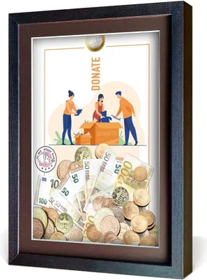 Produktbild von aFFa frames My Piggy Bank Spardose, 3D Bilderrahmen zum Befüllen, Geldgeschenke Verpackung für Auto, Haus, Geburtstag, mit Acrylglasfront, aus Holz, 32x42x2,5cm, Braun, Rahmen Spenden Muster