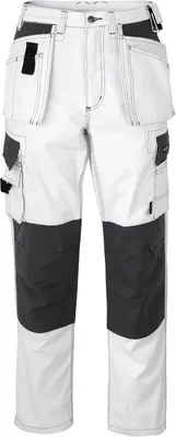A pair of white and black work pants is shown against a white background.