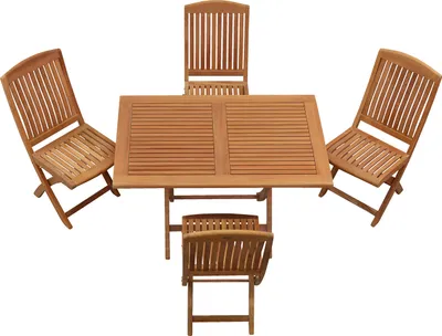 Produktbild von Teakholz Esstischgarnitur aus 4 Klappstühlen + 1 Klapptisch 120 x 80 cm edles Teak Gartenmöbel Set mit Klappfunktion