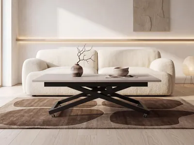 Produktbild von Couchtisch Höhenverstellbar Ausziehbar – Wohnzimmertisch & Esstisch mit Rollen, Schwarzem X-Gestell – 120 x 80 cm bis 160 x 80 cm – Kaschmir