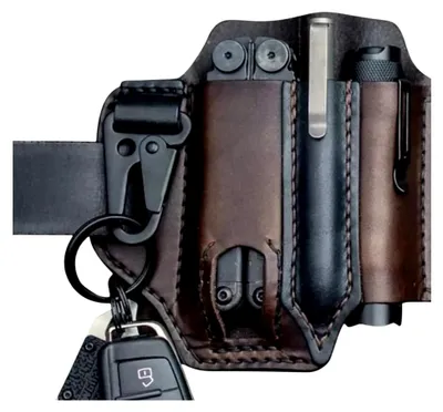 Produktbild von Leder-Gürteltasche mit Schlüsselhalter, Stift-Clip und Taschenlampen-Halterung für EDC-Multitools