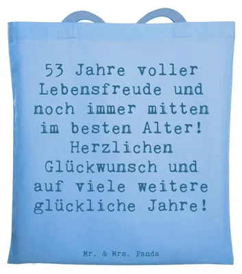 Produktbild von Mr. & Mrs. Panda Stoffbeutel Spruch 53. Geburtstag Freude - Sky Blue - Geschenk, bestes Alter, besonderer, Shopping Tasche, Feiern, Geschenke zum, Tote Bag, Uni