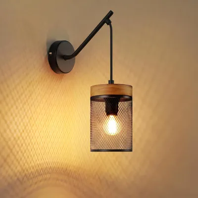 Produktbild von ZMH Wandleuchte innen Holz Schwarz Wandlampe Wohnzimmer aus Metall Gitterschirm Industrial E14 Wandbeleuchtung für Schlafzimmer Flur Treppenhaus Cafe