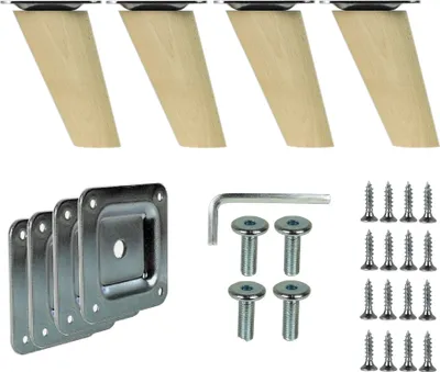 A set of four wooden furniture legs and accompanying mounting plates and screws, laid out on a white background.