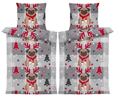 Produktbild von 4 teilig Biber Bettwäsche 135x200 cm Weihnachtsmotiv Hunde Winter Baumwolle