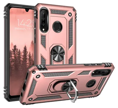A rose gold phone case with a ring stand is shown from multiple angles, with a phone partially visible behind it.