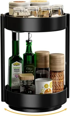 Produktbild von bedee, Gewürzregal, Schwarz, Drehbar, 2-stöckig, Kohlenstoffstahl, mit abnehmbaren Ebenen, für Küche, unter Spüle, Kühlschrank, Schrank, Make-up, Reinigungsmittel, Werkzeuge