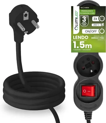 Produktbild von LUMILED Steckdosenleiste mit ON/OFF Schalter 3-Fach Steckdose Typ E, 1,5m Kabel H05VV-F3G schwarz Mehrfachsteckdose E Stecker 16A 3680W 250V IP20 Halterung zum Aufhängen